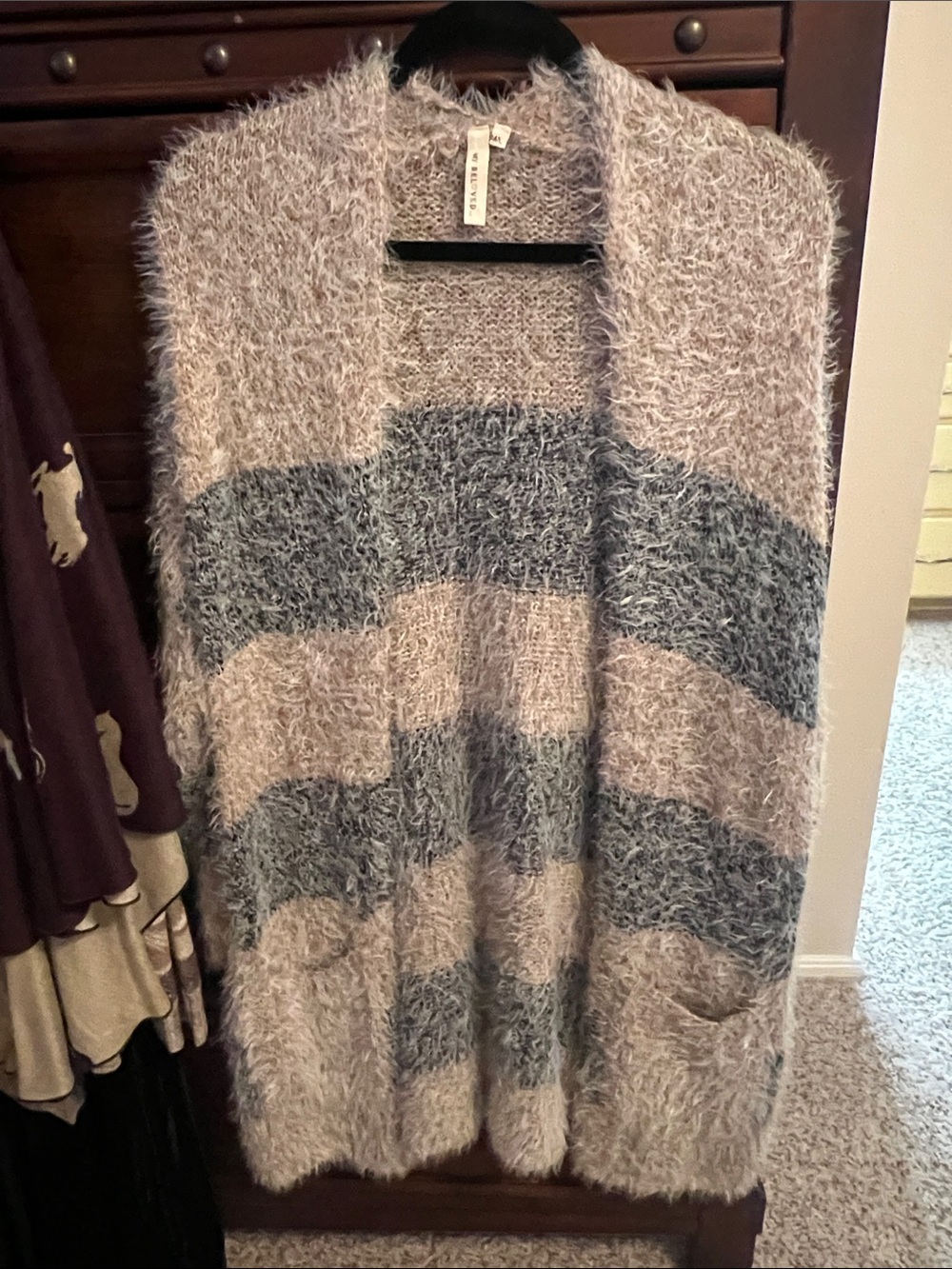My Beloved Fuzzy Open-Front Stripe Cardigan - Taupe & Gray